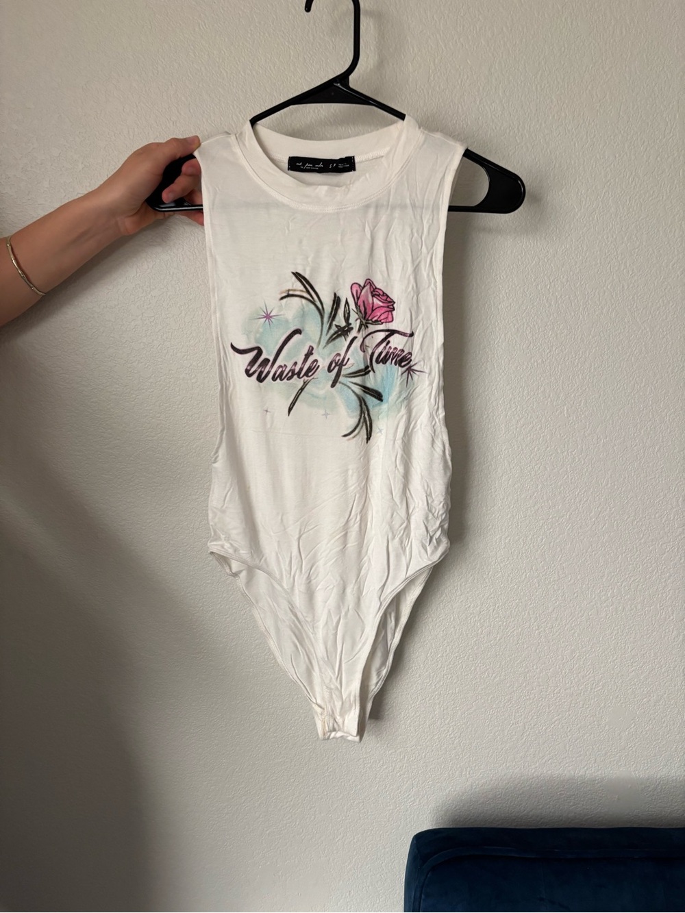 Urban Outfitters White Sleeveless Graphic Bodysuit with Pink Rose